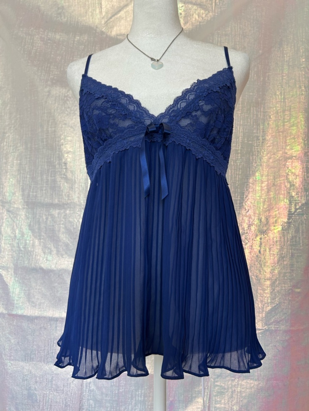 In Bloom Navy Lace Pleated Babydoll Slip Lingerie. Size S.